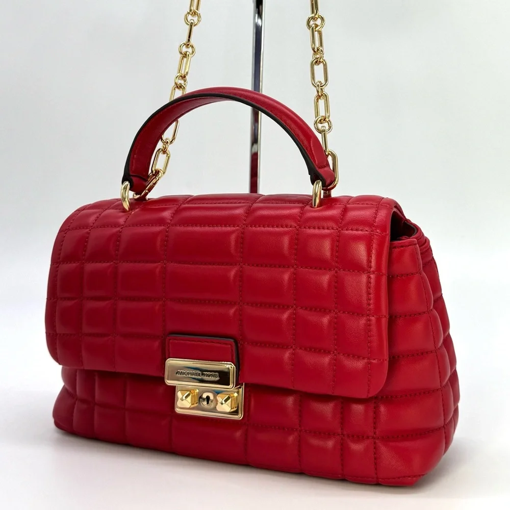 Michael Kors Tribeca Medium Quilted Leather Satchel Bag Crimson Red